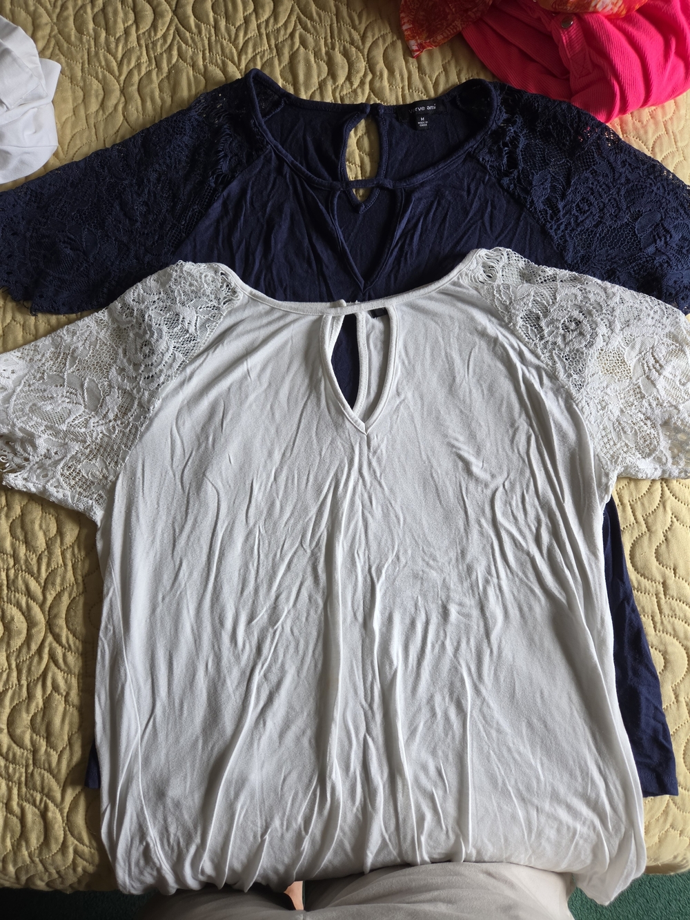 Women’s Lace Sleeve Keyhole Top - White and Navy